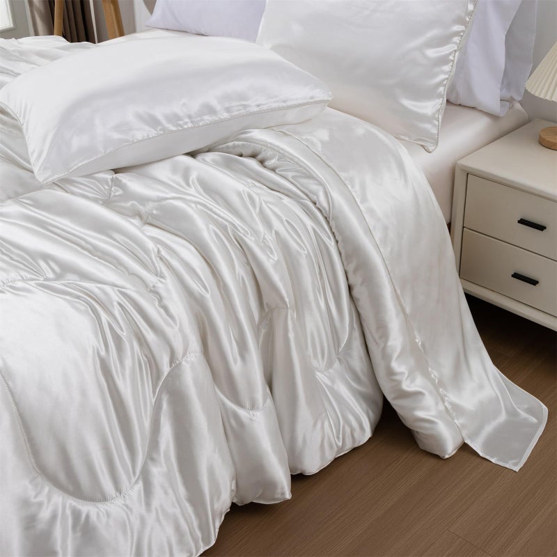 A Nice Night Satin Silky Soft Quilt Luxury Super Soft Microfiber Bedding Comforter Set Full/Queen, Light Weighted (White, Queen) - Image 5